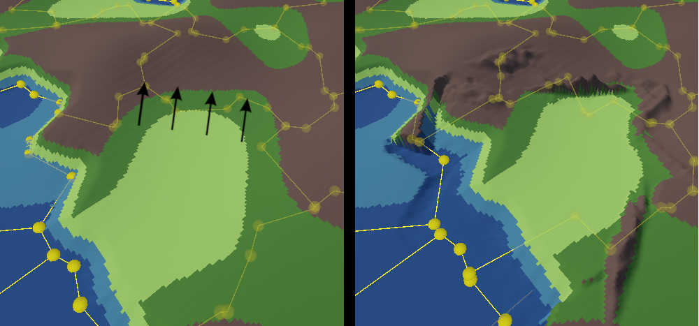 Before and after image of the influence of a moved tectonic plate on the heightmap