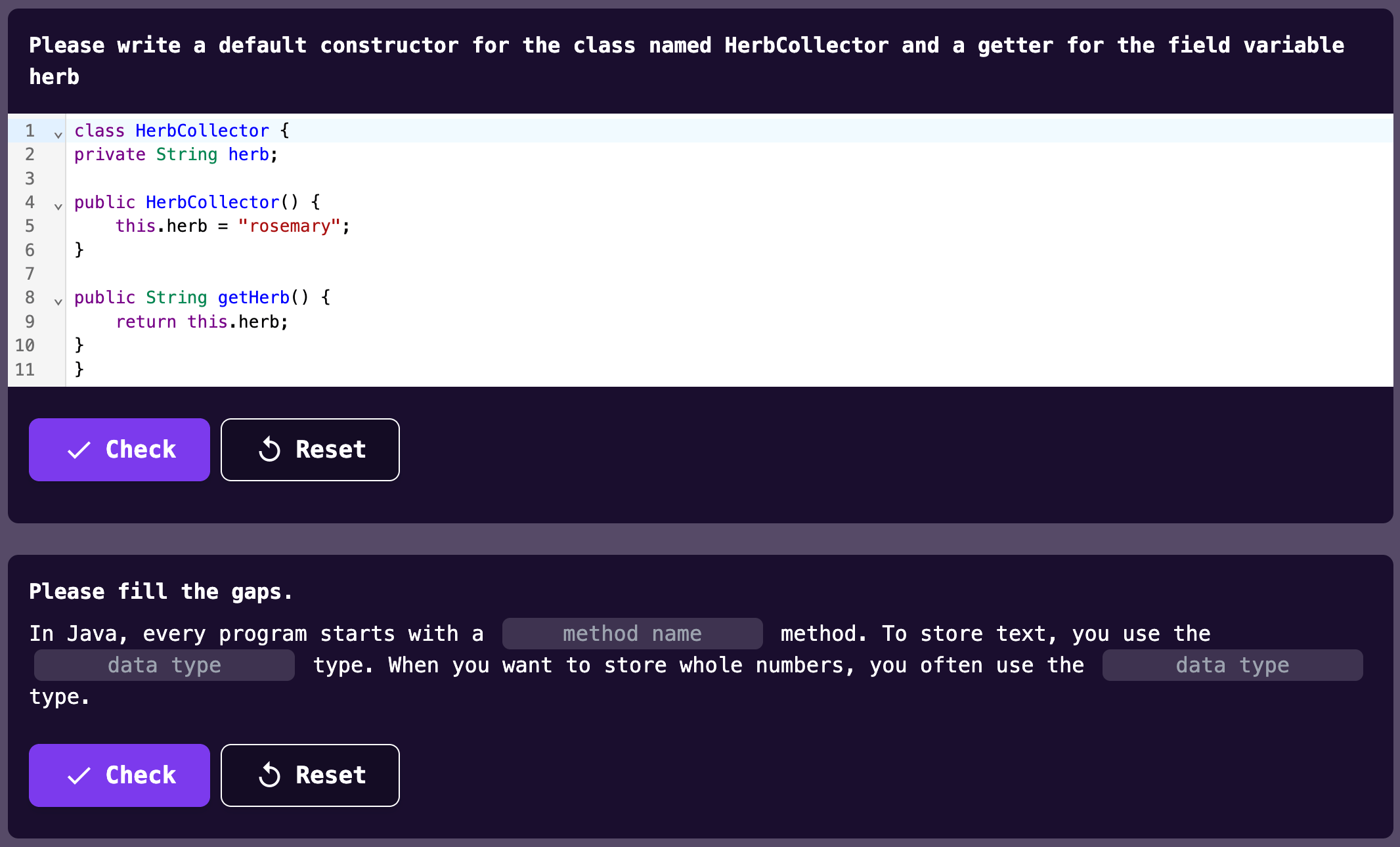 A code & cloze excercise embedded in a lecture