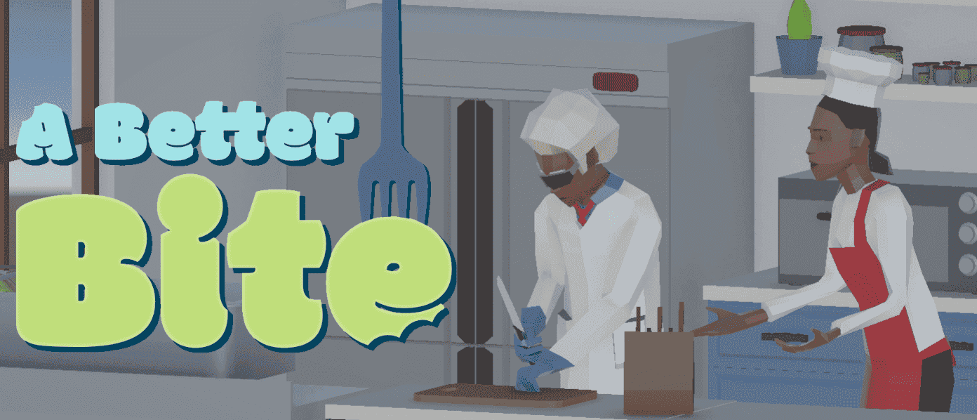 A Better Bite title art showing the AI assistant preparing food while the player looks on
