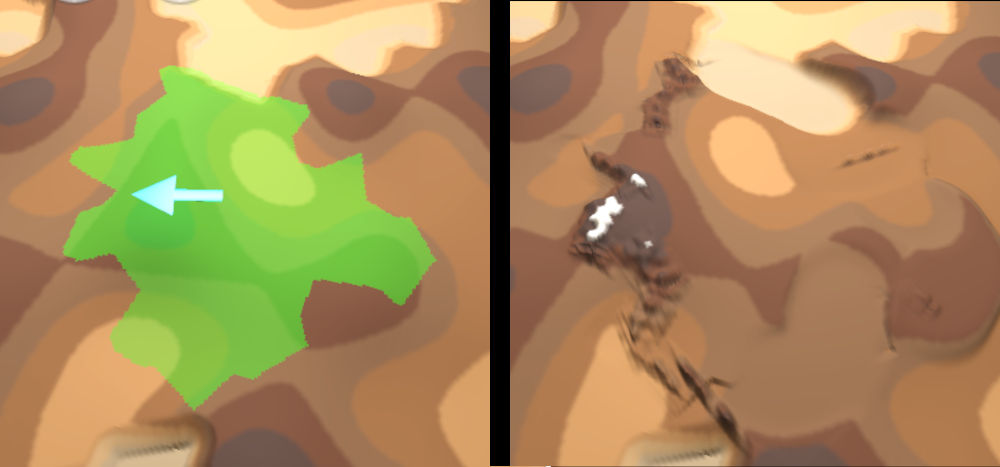 Before and after image of the influence of a moved tectonic plate on the heightmap