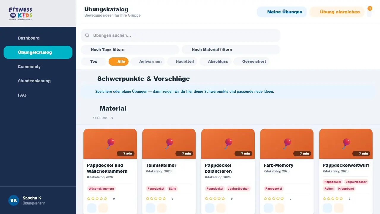 Bebilderter Übungskatalog mit Filtern und Bewertungen