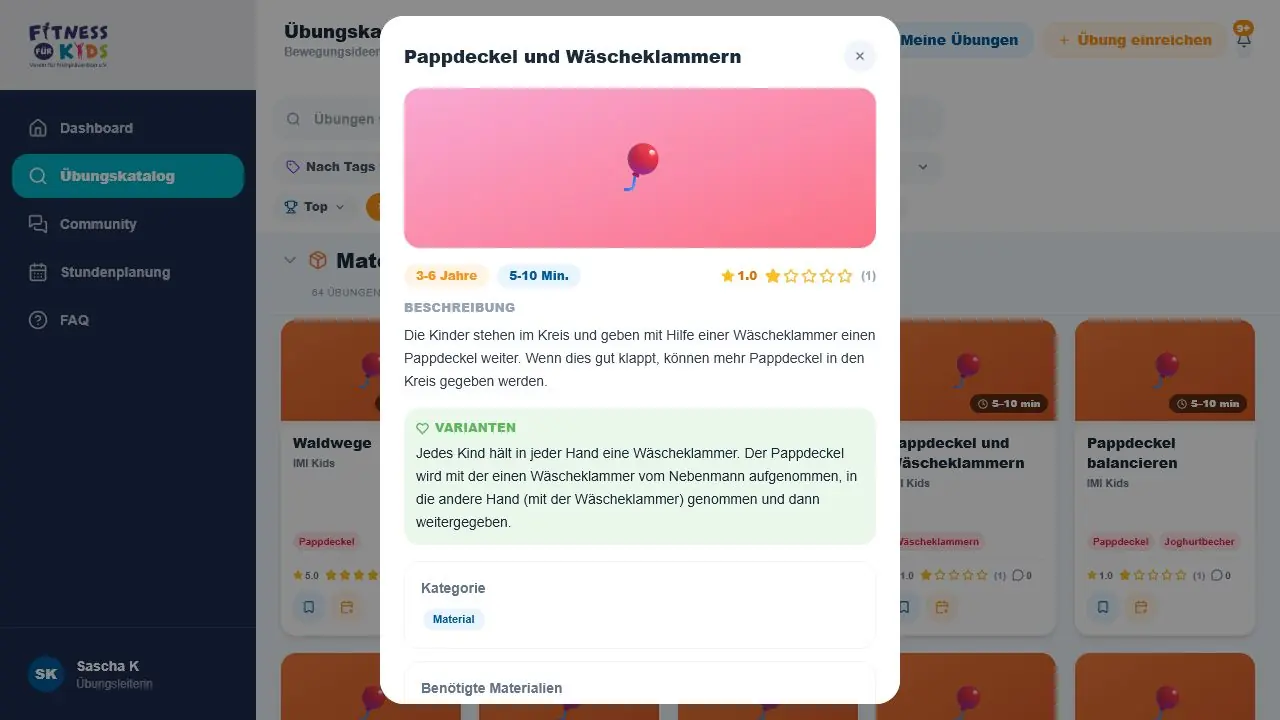 Übungsdetail mit Beschreibung, Varianten, Materialien und Bewertung
