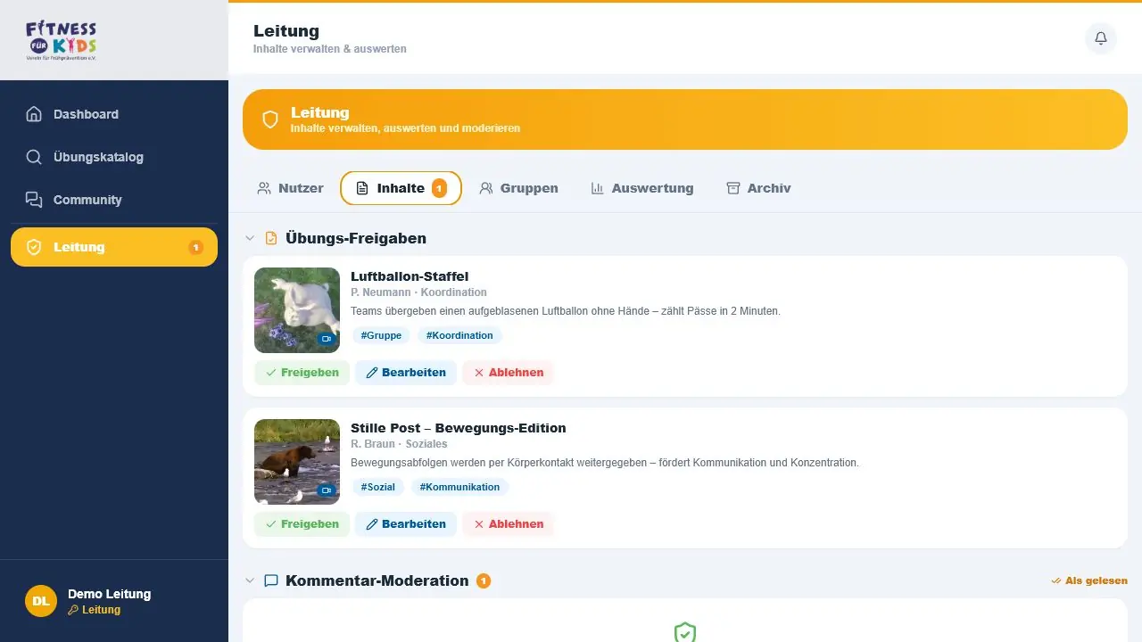 Leitungsansicht mit drei neuen Übungsvorschlägen und Aktionen zum Freigeben, Bearbeiten oder Ablehnen