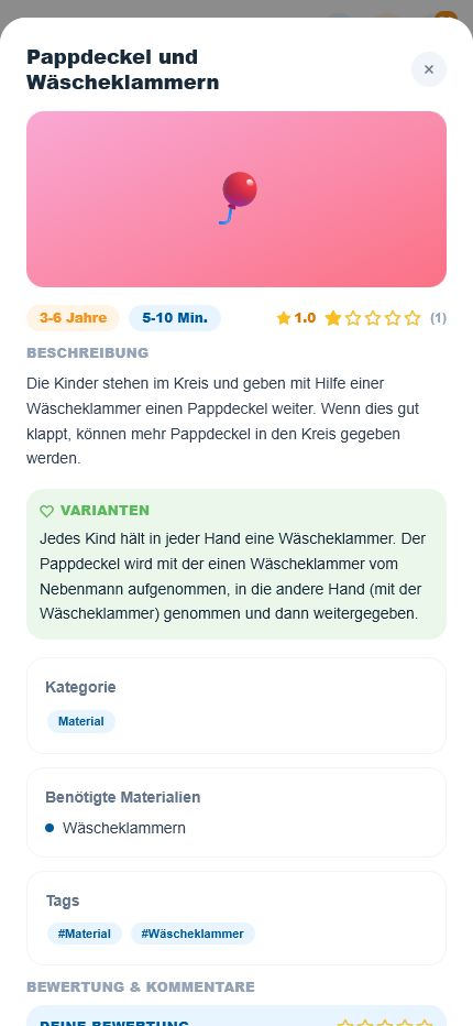 Responsive Smartphone-Ansicht eines Übungsdetails mit Bild, Bewertung, Beschreibung, Variante und Materialien