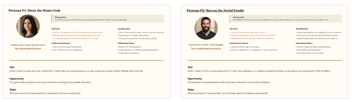Two user persona profiles listing their goals, pains and motivations