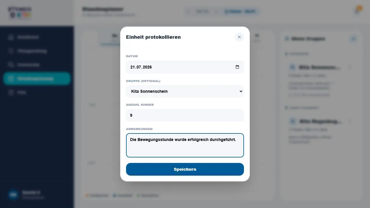 Protokoll einer durchgeführten Einheit mit Gruppe, Kinderzahl und Notiz
