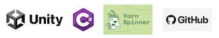 logos of unity, csharp, yarnspinner and github